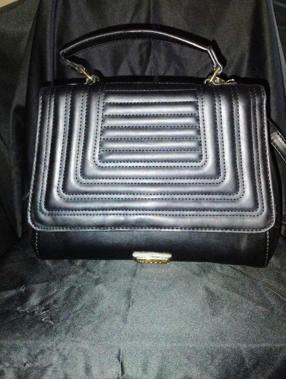 Tahari Black Quilted Satchel Handbag Gold Hardware Crossbody Strap